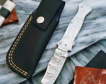 Handmade Damascus Folding Knife 8" Overall, 3.5" Blade, 4.5" Steel Handle, Premium Quality, Durable, Sharp Edge, Perfect Gift for Collectors