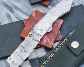 Handmade Damascus Folding Knife 8" Overall, 3.5" Blade, 4.5" Steel Handle, Premium Quality, Durable, Sharp Edge, Perfect Gift for Collectors