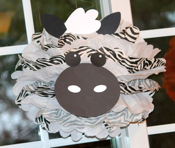Zebra pom pom kit king of the jungle safari noahs ark carnival circus baby shower first birthday party decoration Il_570xn