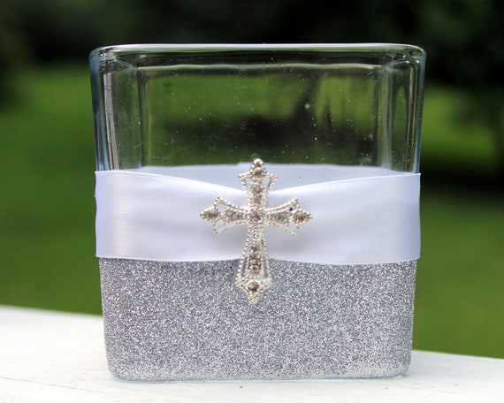 Cross white and silver glass candle holder centerpiece rhinestone crystal Communion Baptism Christening centerpiece party decoration Il_570xn