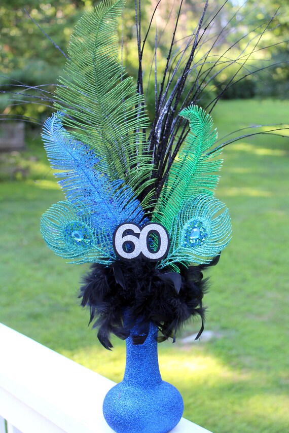 peacock themed centerpiece personalized with age blue black green turquoise silver feather chandelle boa Il_570xn