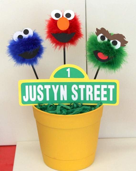 Red, Blue, and Green monster street sign centerpiece, inspired by Elmo, Cookie Monster, and Oscar the Grouch from Sesame Street Il_570xn