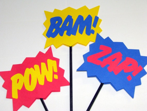Superhero explosion POW BAM ZAP wands sticks signs photo prop set of three Il_570xn