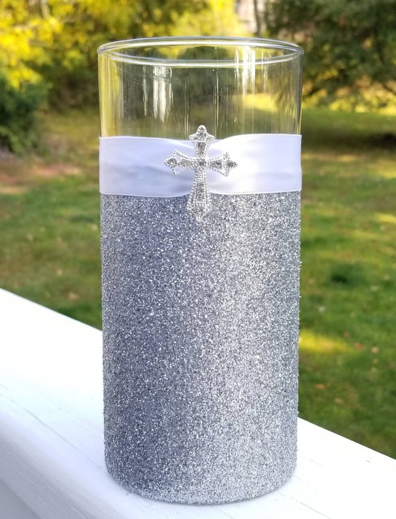 Silver glittered vase cross rhinestone sparkle communion baptism confirmation religious celebration Il_570xn