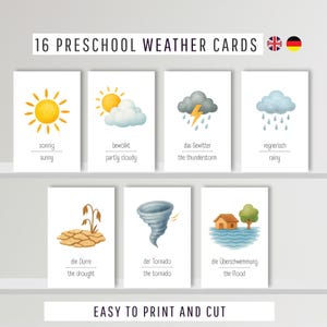 Bilingual Weather Flashcards for Multilingual Learning | Printable PDF for Kids | Wetter Lernkarten