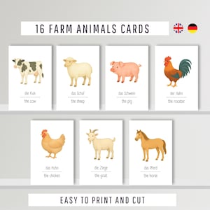 Schede didattiche bilingue sugli animali della fattoria in tedesco e inglese | Schede didattiche bilingue Montessori | Schede didattiche sugli animali | Schede didattiche stampabili sugli animali della fattoria in PDF e PNG