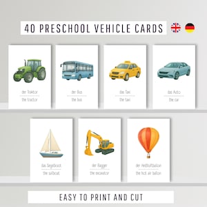 Vehicle Flashcards German English | Cars Flashcards | Vehicles flashcards | Transport Cards for Kids | Bilingual Learning PDF PNG