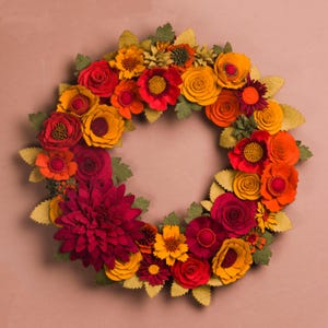 Può includere: Una ghirlanda circolare composta da fiori e foglie in feltro nelle tonalità del rosso, arancione, giallo e verde oliva. La composizione presenta varie forme di fiori, tra cui rose, dalie e piccoli boccioli, realizzati in feltro.