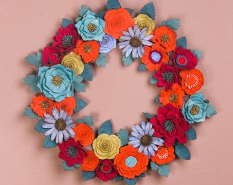 Wool Blend Felt Flower Wreath, Farmhouse Door Decor, Birthday Gift