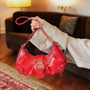 Y2K Red Purse for Women, Luxury Designer Handbag, Shoulder Bag, Punk Clutch, Retro Top Handle Bag for Women