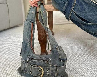 Retro-würzige Mädchen-Achseltasche für Frauen, Y2K-inspirierte, robuste, gewaschene Denim-Einschulter-Crossbody-Tasche im trendigen Nischenstil.