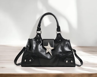 Y2K Gothic Star Bag, Motorcycle Punk PU Leather Handbag
