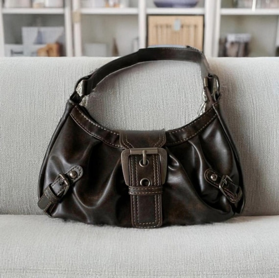 Brown Faux Leather Shoulder Bag With Silver Buckle – Cute