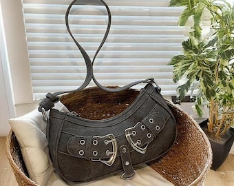 Y2K Denim Shoulder Bag, Grunge Style Underarm Bag