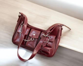 Burgundy Y2K PU Leather Shoulder Bag, Grunge Crossbody