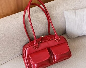 Retro Red Patent Leather Hobo Bag, Designer Shoulder Tote