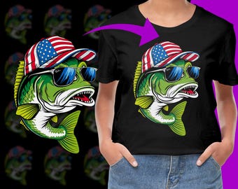 Bass Fish with Sunglasses and Cap USA Flag PNG, Free Commercial use, Instant Download