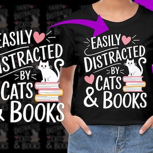 Easily Distracted by Cats and Books Reading PNG, Free Commercial use, Instant Download