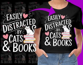 Easily Distracted by Cats and Books Reading PNG, Free Commercial use, Instant Download