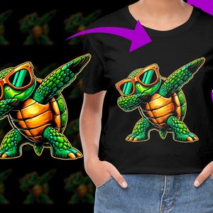 May include: Black t-shirt featuring a cartoon turtle dabbing. The turtle is green with an orange shell and orange sunglasses. The design is repeated on a black background. The shirt is worn by a person.