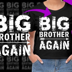 May include: Black t-shirt with the words "BIG BROTHER AGAIN" in distressed white font. The text is arranged in a stacked layout with an arrow graphic. The shirt is worn by a person.