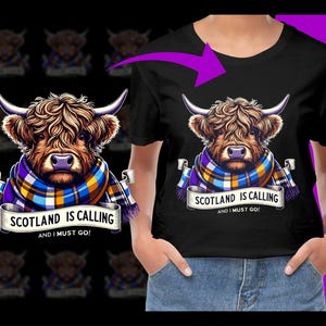 以下が含まれることがあります： 青い、黄色、紫の色のスカーフを巻いた、カートゥーンのハイランド牛が描かれた黒いTシャツ。Tシャツには「スコットランドが呼んでいる、行かなければ！」という文字がプリントされている。