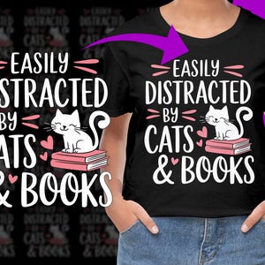 Easily Distracted by Cats and Books Reading PNG, Free Commercial use, Instant Download