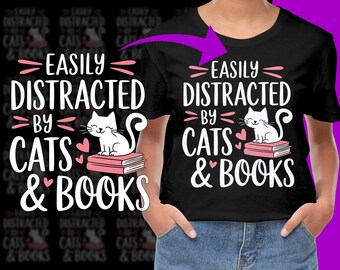 Easily Distracted by Cats and Books Reading PNG, Free Commercial use, Instant Download