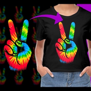 May include: A black t-shirt with a tie-dye peace sign design. The peace sign is in shades of red, orange, yellow, green, and blue.