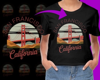 Puede incluir: Camiseta negra con un gráfico del Puente Golden Gate en San Francisco, California. El gráfico es en rojo, naranja y amarillo con el texto "San Francisco, California" debajo.