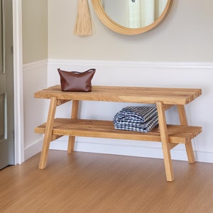 Entryway wood bench, storage shoe bench with shelves, farmhouse wooden rustic console table, home handmade solid oak furniture for hallway