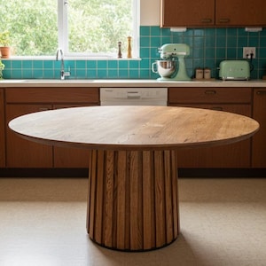 Round Wooden Kitchen Dining Table, Unique Legs Accent Centerpiece, Oak Handcrafted Mid Century Solid Wood Oval Circle Furniture, Home Set