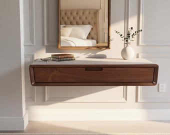 Smalle zwevende consoletafel met lade, aan de muur gemonteerd, moderne massief essenhouten tafel uit het midden van de eeuw, hal ganghouten meubels
