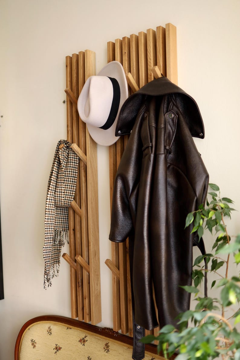Entryway Wall Coat Rack, Wooden Hooks, Mid Century Wall Hanging Towel Rack for Bathroom, Wall Hooks and Hat Rack, Rustic Wooden Bath Decor