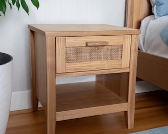 Modern Rattan Nightstand with Drawer Shelf, Set of Bedside Tables,Small Low Bedroom Side Table,Scandinavian Solid Wood End Dresser Furniture