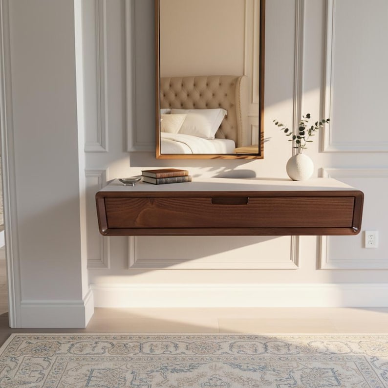 Narrow Floating Console Table With Drawer, Wall Mounted Mid Century ...