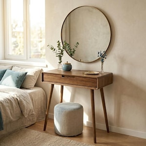 May include: A wooden dressing table with a drawer, supported by angled legs, and a round mirror with a gold frame. A small, light blue upholstered stool sits in front of the table. Decorative vases and a small dish are on the table.