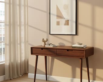 Smalle consoletafel met 2 laden op hoge poten, moderne massief essenhouten tafel uit het midden van de eeuw, hal ganghouten meubels