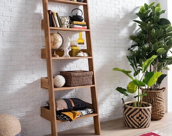 Halverwege de eeuw ladderboekenkast, rustieke boekenplank, modulaire wandplanken, houten Scandinavische handdoekladder, handgemaakte eiken boerderij badkamerflair