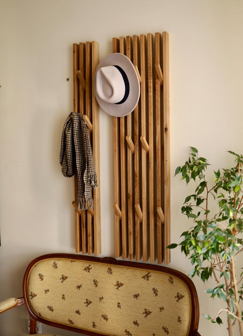Entryway Wall Coat Rack, Wooden Hooks, Mid Century Wall Hanging Towel Rack for Bathroom, Wall Hooks and Hat Rack, Rustic Wooden Bath Decor