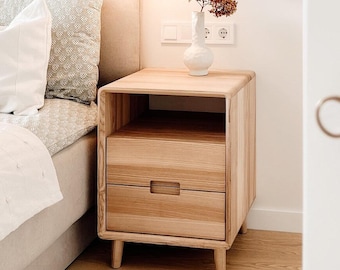 Mid Century Nightstand with Drawers & Open Shelf, Set of Narrow Bedside Tables, Small Side Table, Natural Wood End Table,Bed room Furniture