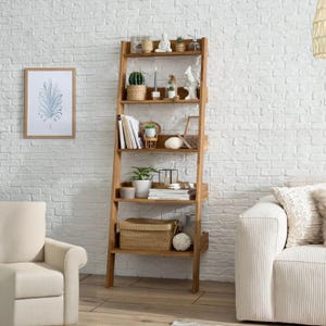Modern 5 Tier Ladder Shelf, Rustic Leaning Shelving Unit, Blanket Storage, Wood Bathroom Furniture, Farmhouse Towel Rack Plant Stand Display