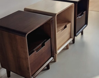 Unique Narrow Minimalist Nightstands, Set of Small Bedside Tables & Drawers, Vintage Style Bedroom Side Furniture, Custom Wood End Dresser