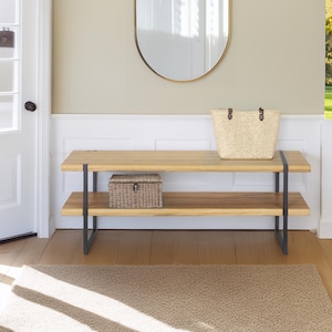 Modern Entryway Bench with Shelf, Narrow corridor Seat & Shoes Storage, Farmhouse Scandinavian Black Metal and Solid Wood Shelves, Furniture