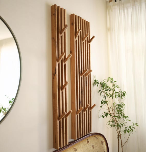 Entryway Wall Coat Rack, Wooden Hooks, Mid Century Wall Hanging Towel Rack for Bathroom, Wall Hooks and Hat Rack, Rustic Wooden Bath Decor