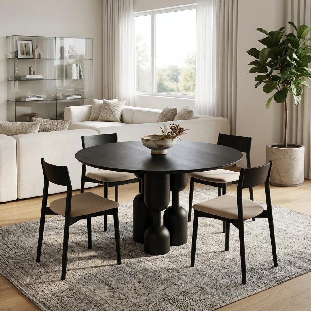 Round Solid Oak Wood Black Dining Table for Kitchen and Living Room ...
