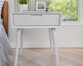 Custom White Narrow Pair of Nightstand, Set of Bedside Tables with Drawer, Small Modern Bedroom Side Tables, Solid Wood Dresser Furniture