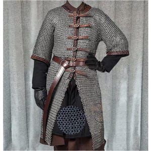 Dark Gray Chainmail Hauberk, front open Aluminium 9MM Flat Ring Riveted With Solid Ring half Sleeve Chainmail Shirt Father&#39;s day Gifts
