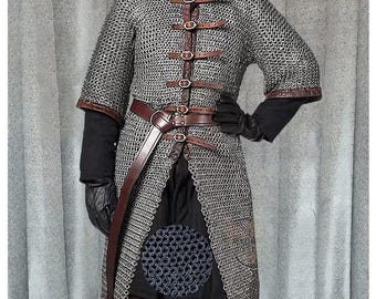 Dark Gray Aluminum Chainmail Hauberk: 9mm Flat Ring, Half Sleeve front open MA-16 - Halloween