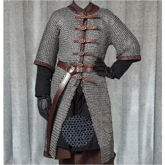 Dark Gray Aluminum Chainmail Hauberk: 9mm Flat Ring, Half Sleeve front open MA-16 - Halloween